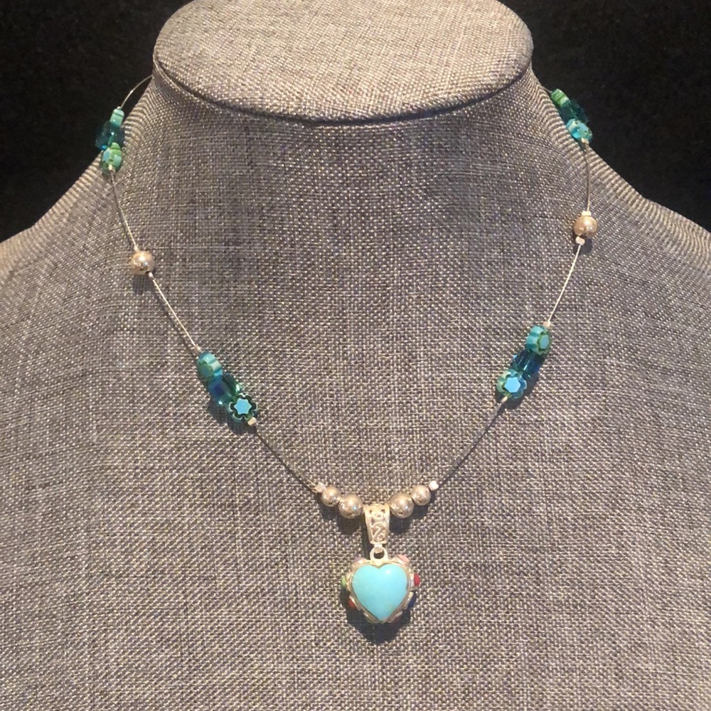Necklace with reversible heart pendant! Sterling silver and turquoise stone.